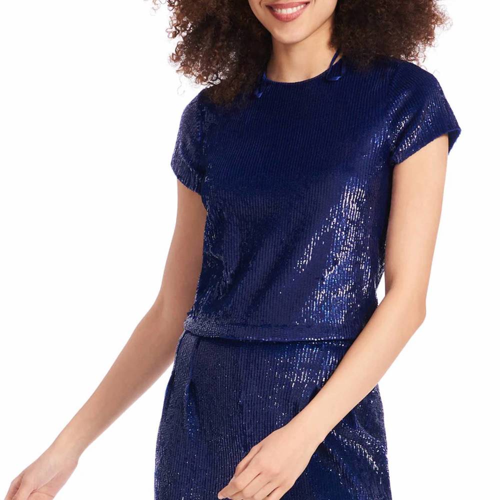 NEW EMILY SHALANT flat cup sequin top in royal